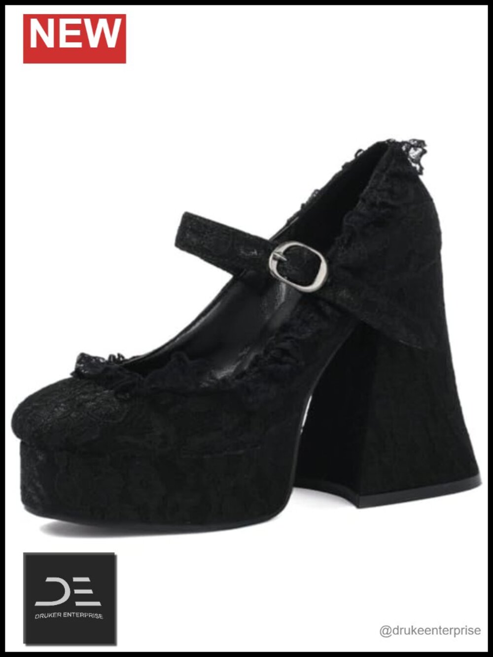 Goth Lace Flower Mary Jane Platform Heels Chunky High Heel Shoes